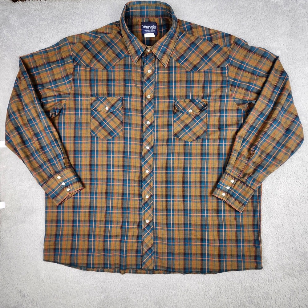 Vintage Wrangler Western Shirt Mens 3XT Brown Blue Plaid Pearl Snap Long Sleeve - Picture 2 of 8